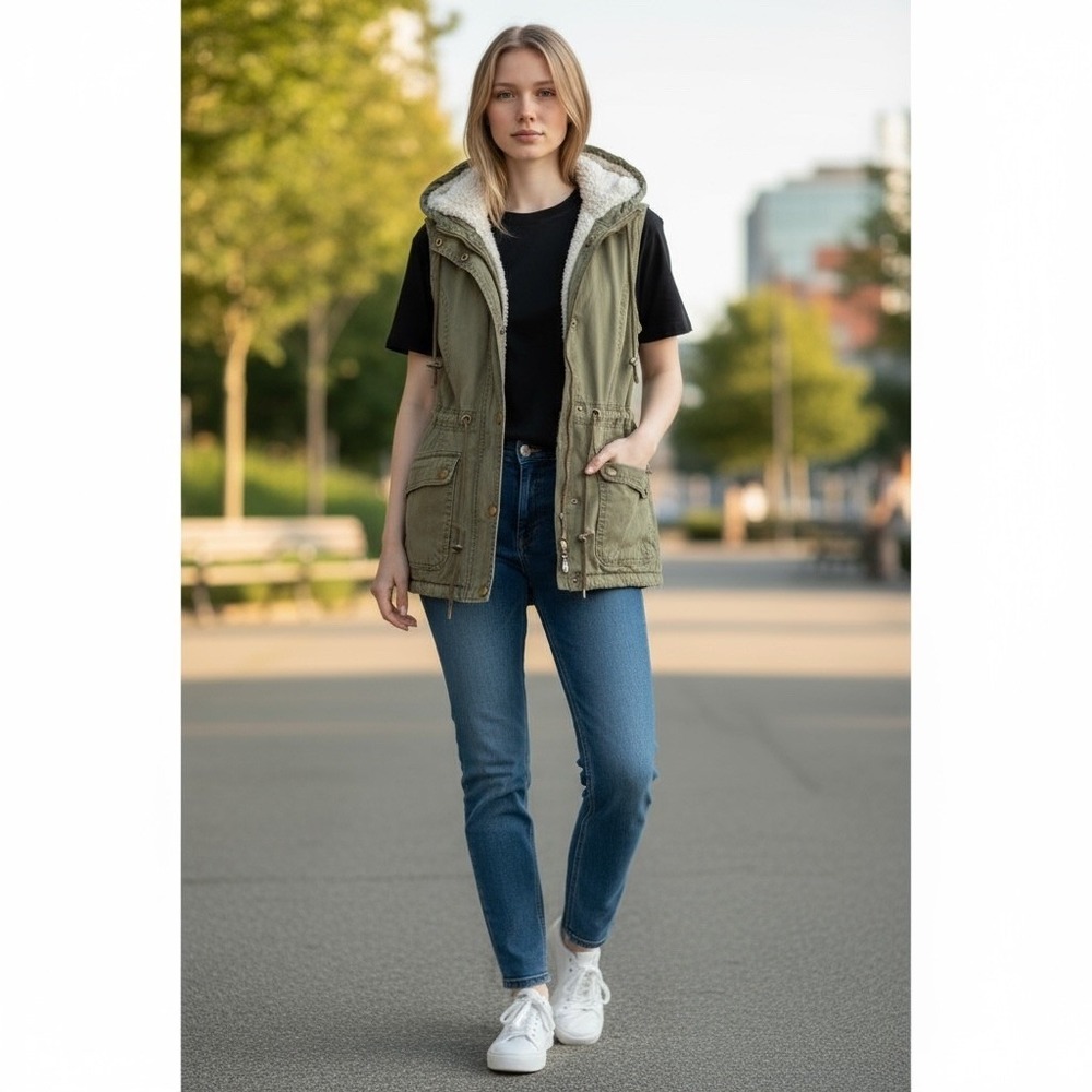 Outer Edge Women's Olive Green Hooded Faux Fur Lined Utility Vest Size L